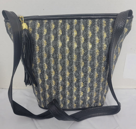 Leather Shoulder Handbag for women.  Black with Silver Gold Black Glitters Fabrice Design on front side only. Made In US