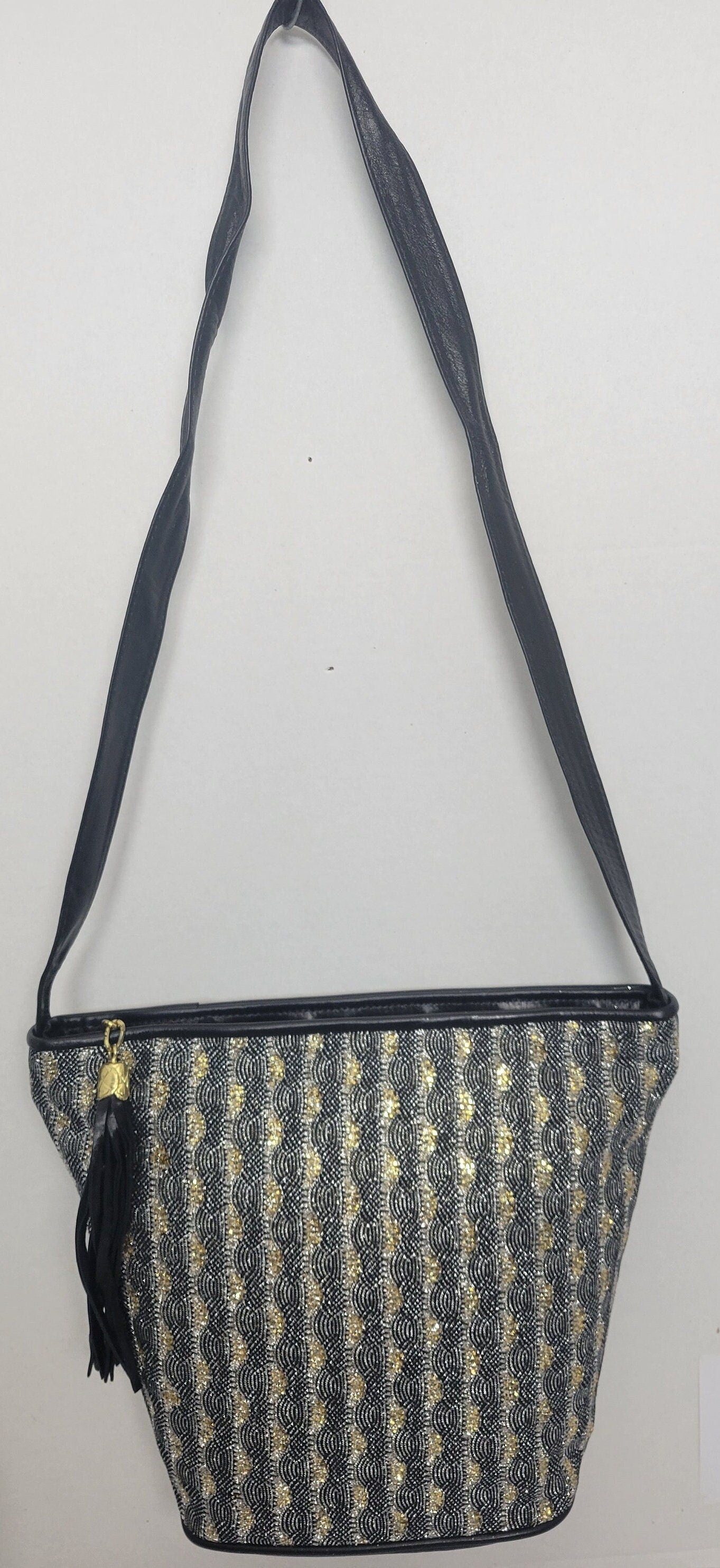 Leather Shoulder Handbag for women.  Black with Silver Gold Black Glitters Fabrice Design on front side only. Made In US