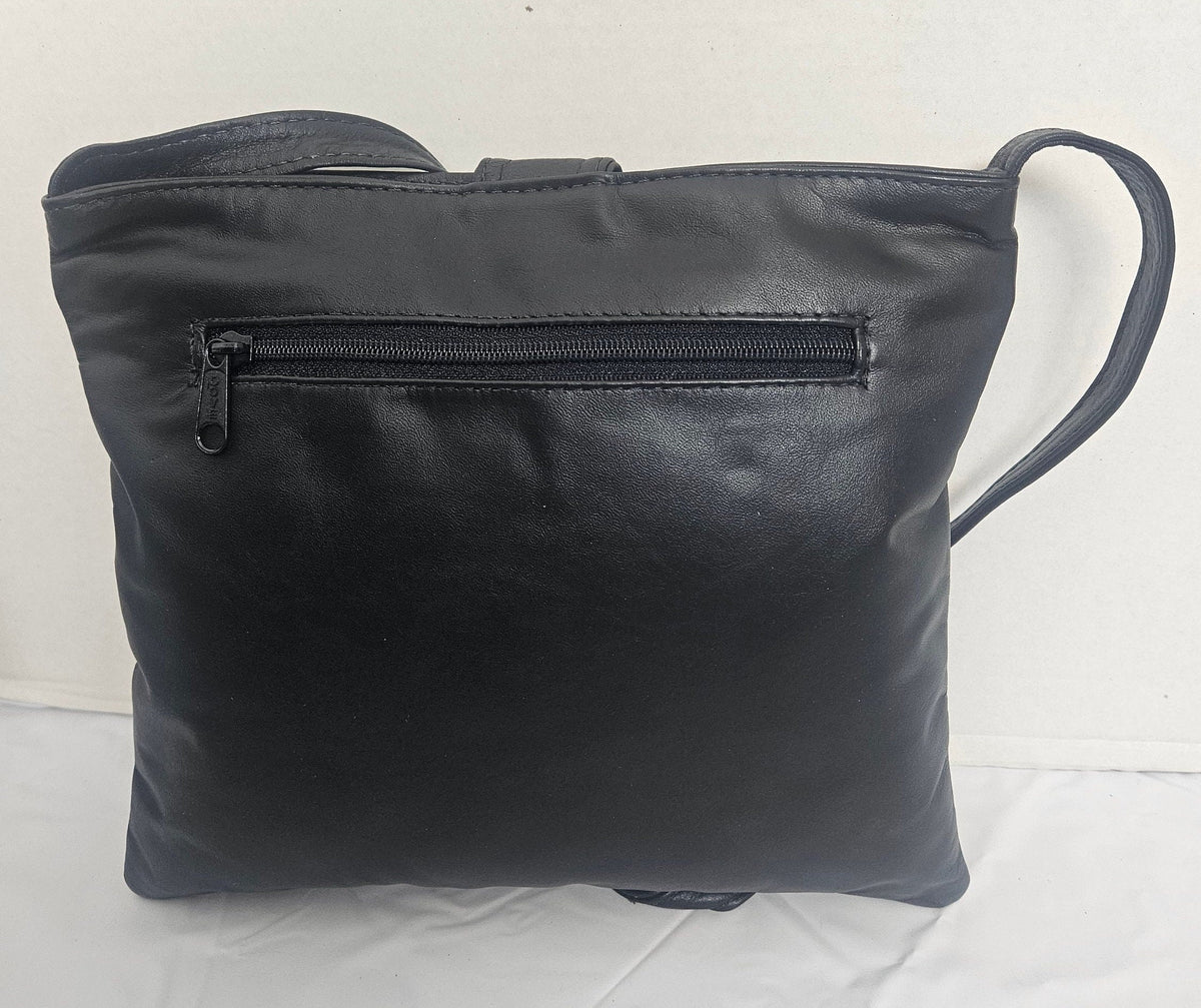 Handmade Black Leather Ring Crossbody Bag, USA Made
