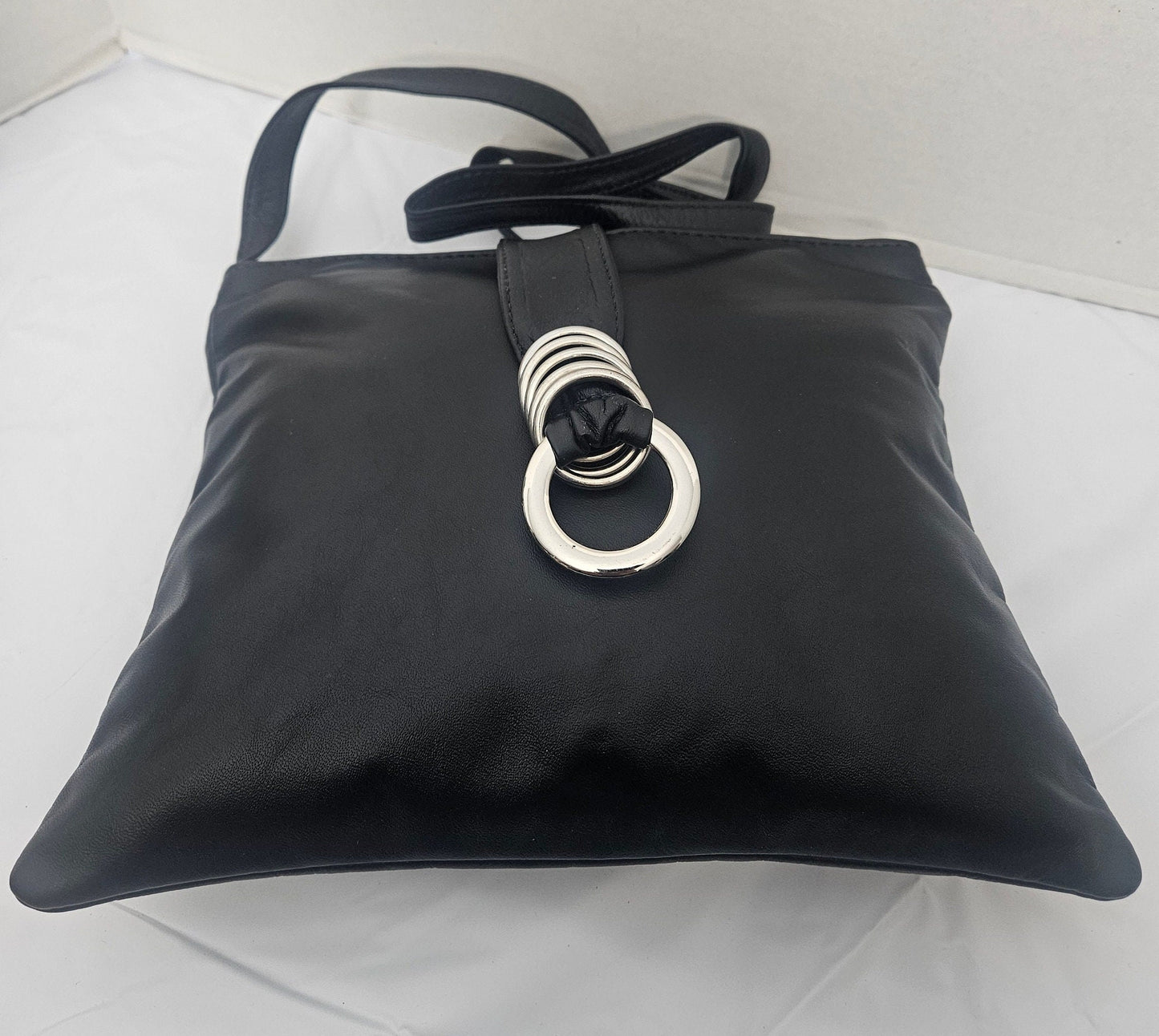 Black with silver matel Rings Genuine Leather Handbag for all. Tejrasila-Ring Purse. Made in USA. Design for you.