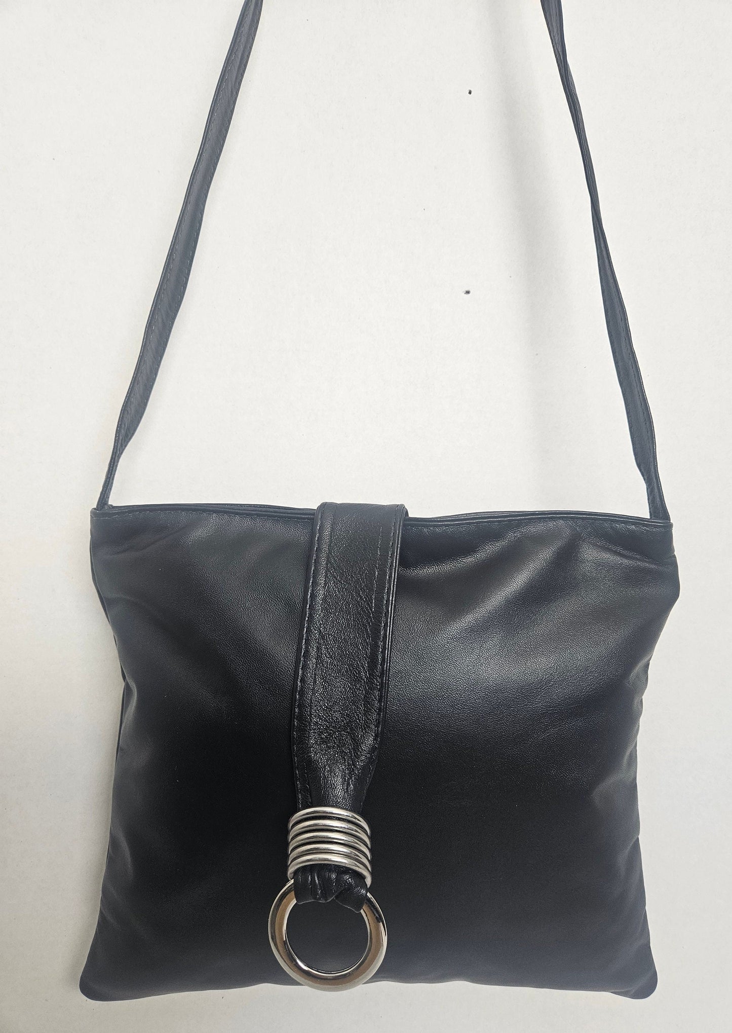 Black with silver matel Rings Genuine Leather Handbag for all. Tejrasila-Ring Purse. Made in USA. Design for you.