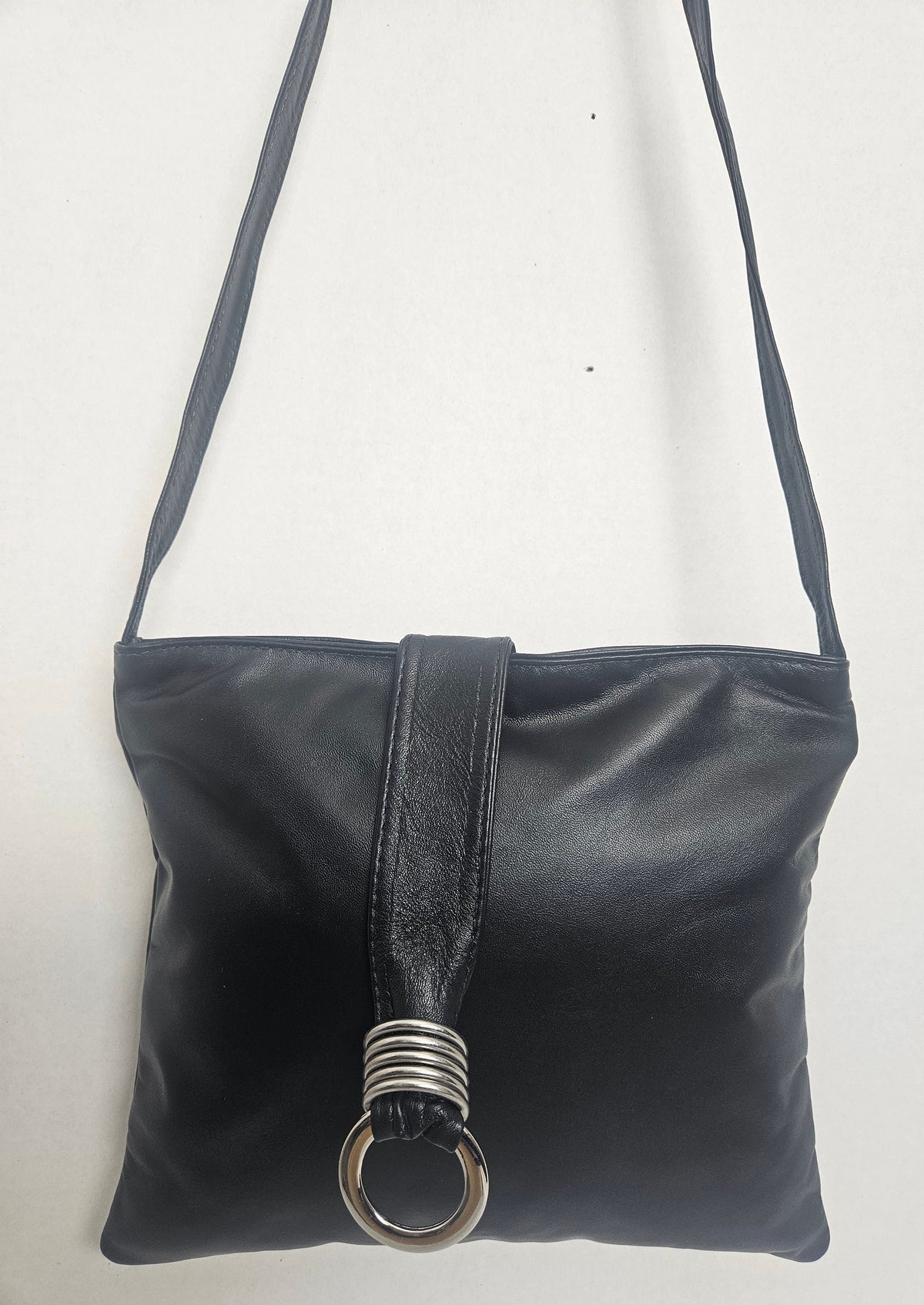 Handmade Black Leather Ring Crossbody Bag, USA Made