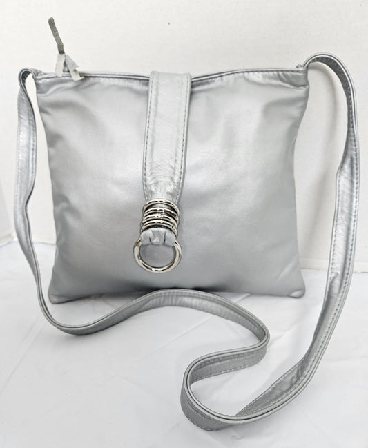 Grey with Silver matel Rings Genuine Leather Handbag for all. Tejrasila-Ring Purse. Made in USA. Design for you.