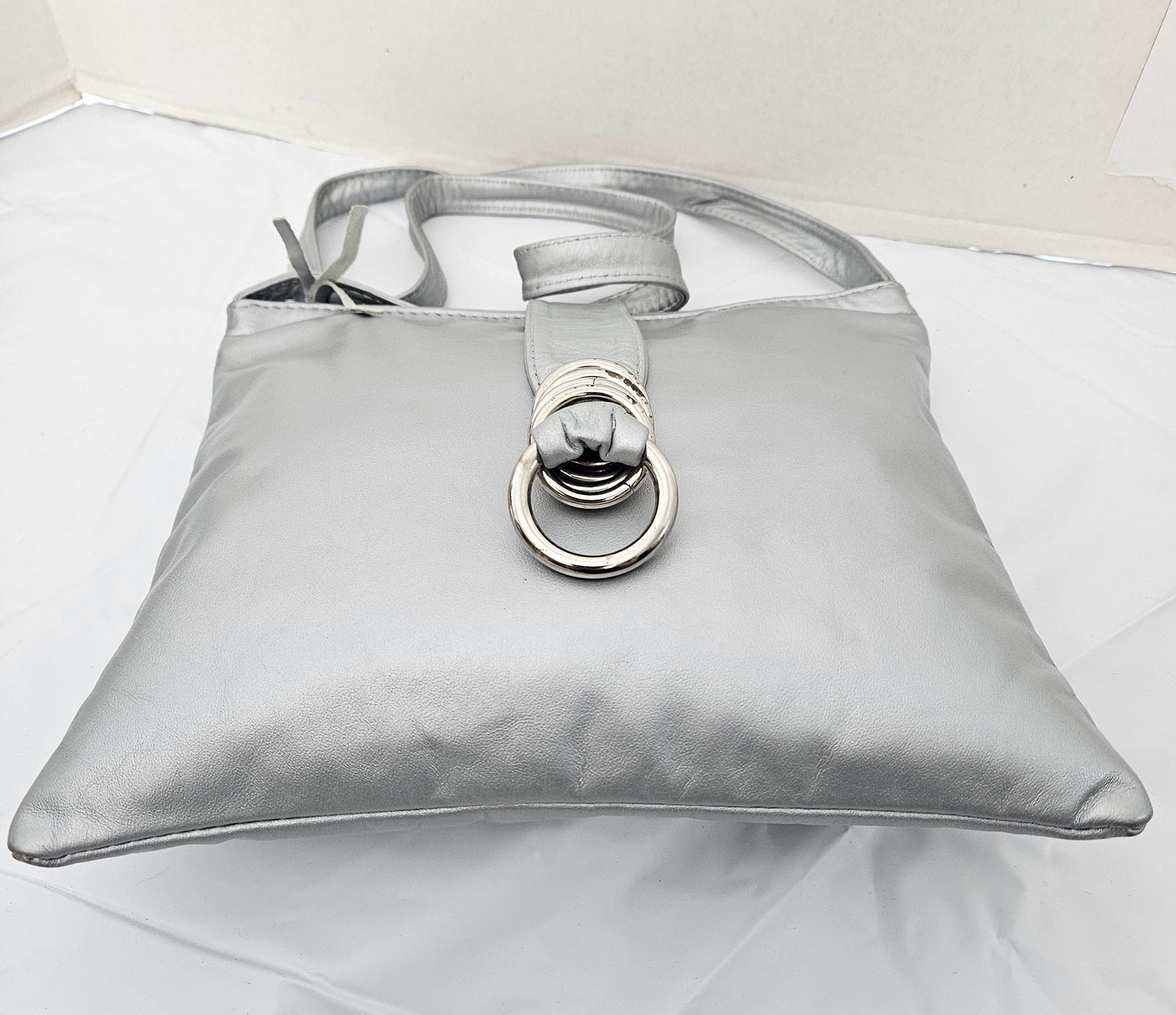 Grey with Silver matel Rings Genuine Leather Handbag for all. Tejrasila-Ring Purse. Made in USA. Design for you.