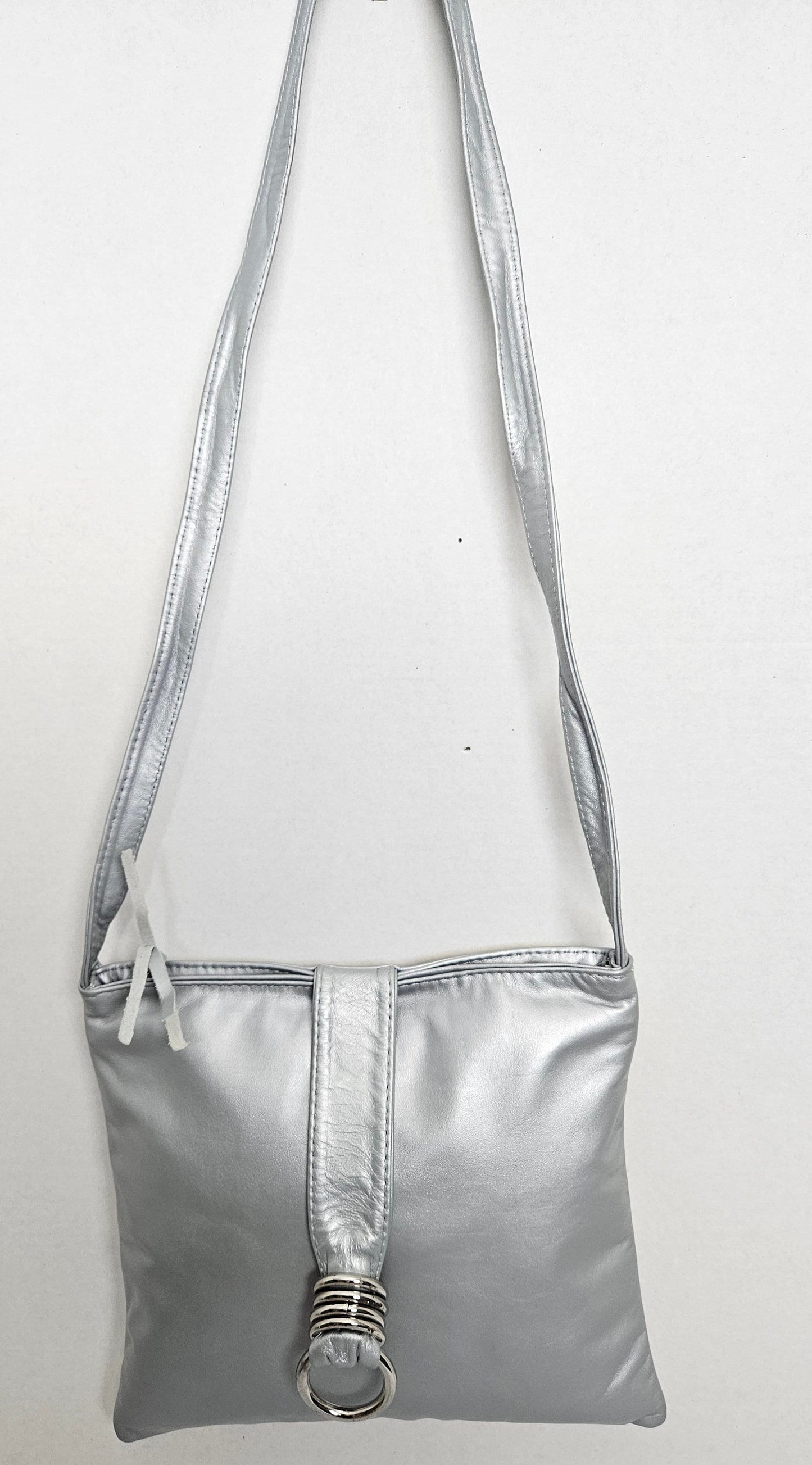 Grey with Silver matel Rings Genuine Leather Handbag for all. Tejrasila-Ring Purse. Made in USA. Design for you.