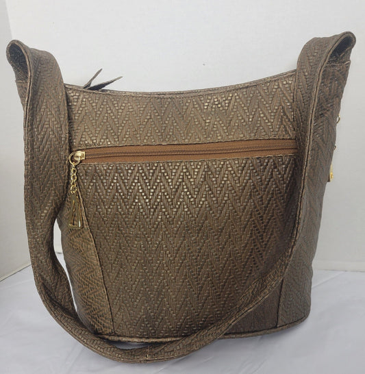 Tejrasila-Khaki print women's Shoulder handbag! Three outside pockets.Made with genuine leather in USA!