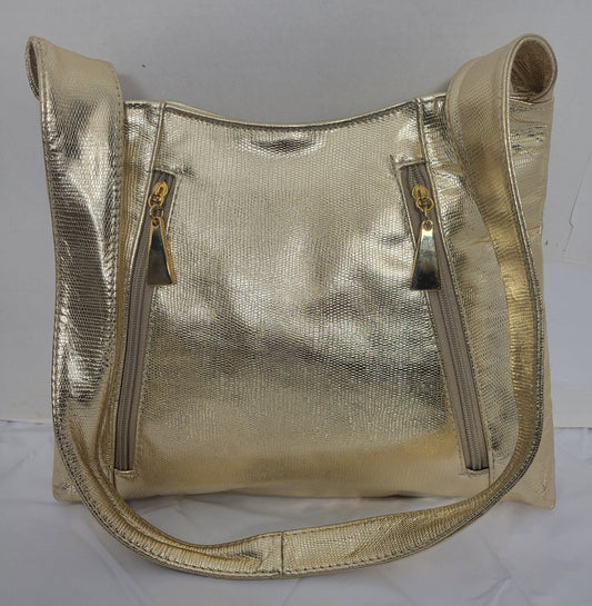 Gold Print Leather Handbag with Pockets - Made in USA