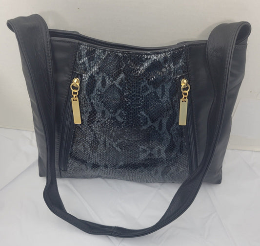 Black with black snakeprint leather handbag!Two left & right pockets.Made in USA.