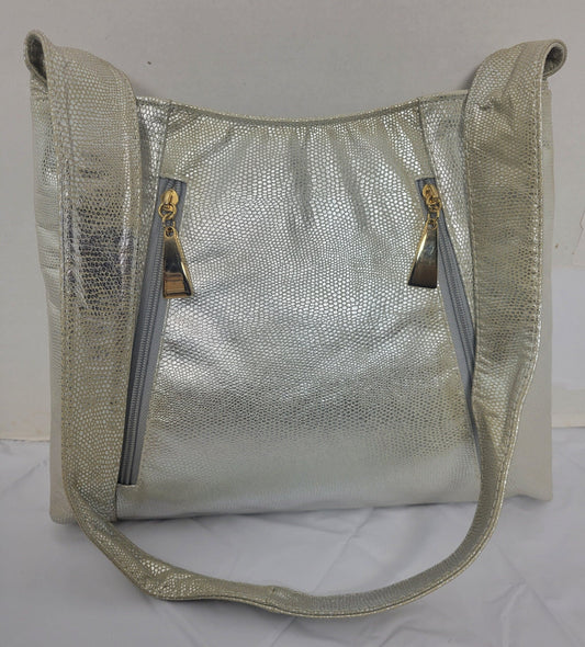 Silver Two Tone Print Leather Handbag! Two left and right pockets. Made in USA.