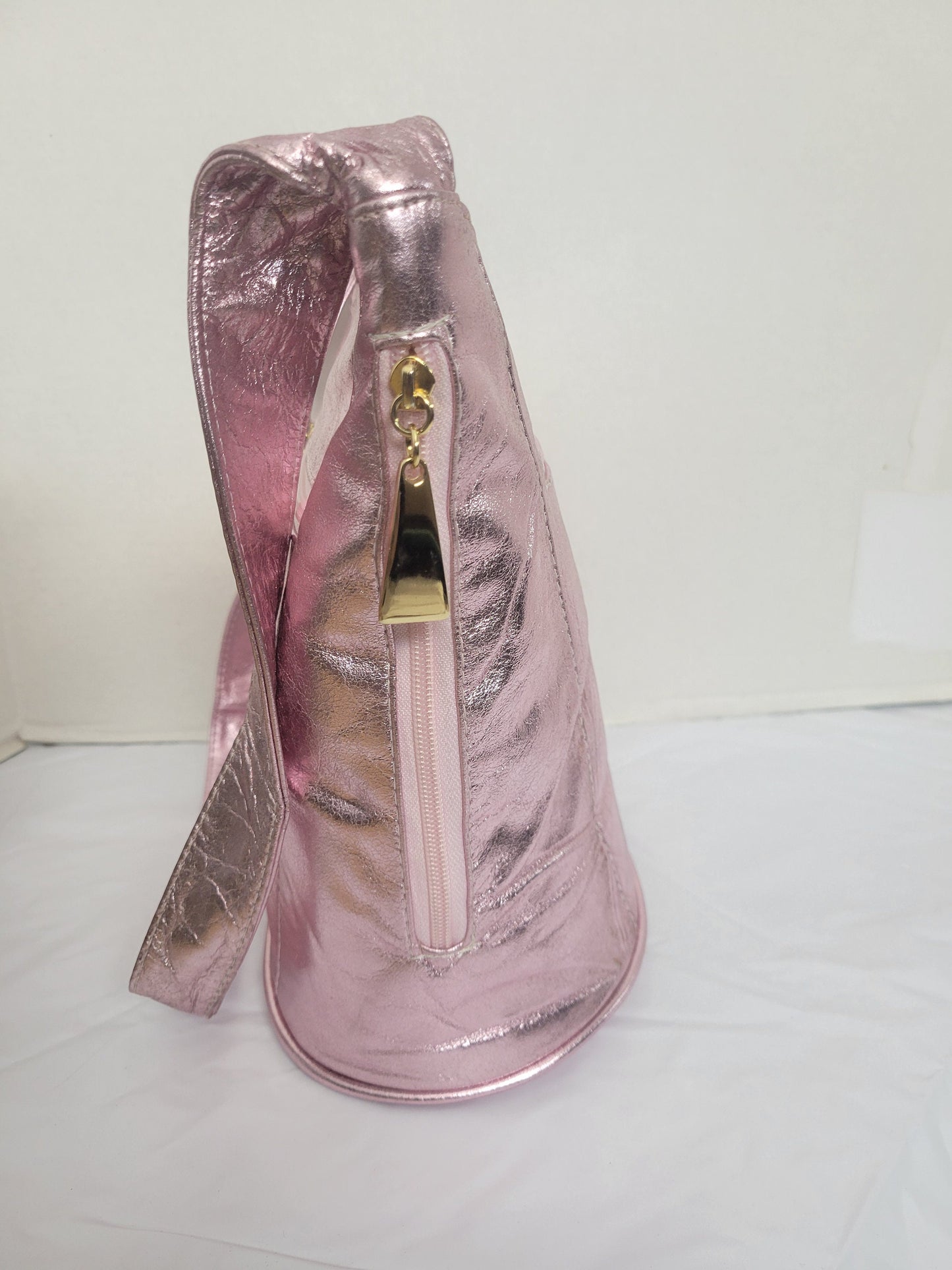 Tejrasila-Shining pink genuine leather, gold matel coin design Shoulder handbag! Three outside pockets.Made in USA!