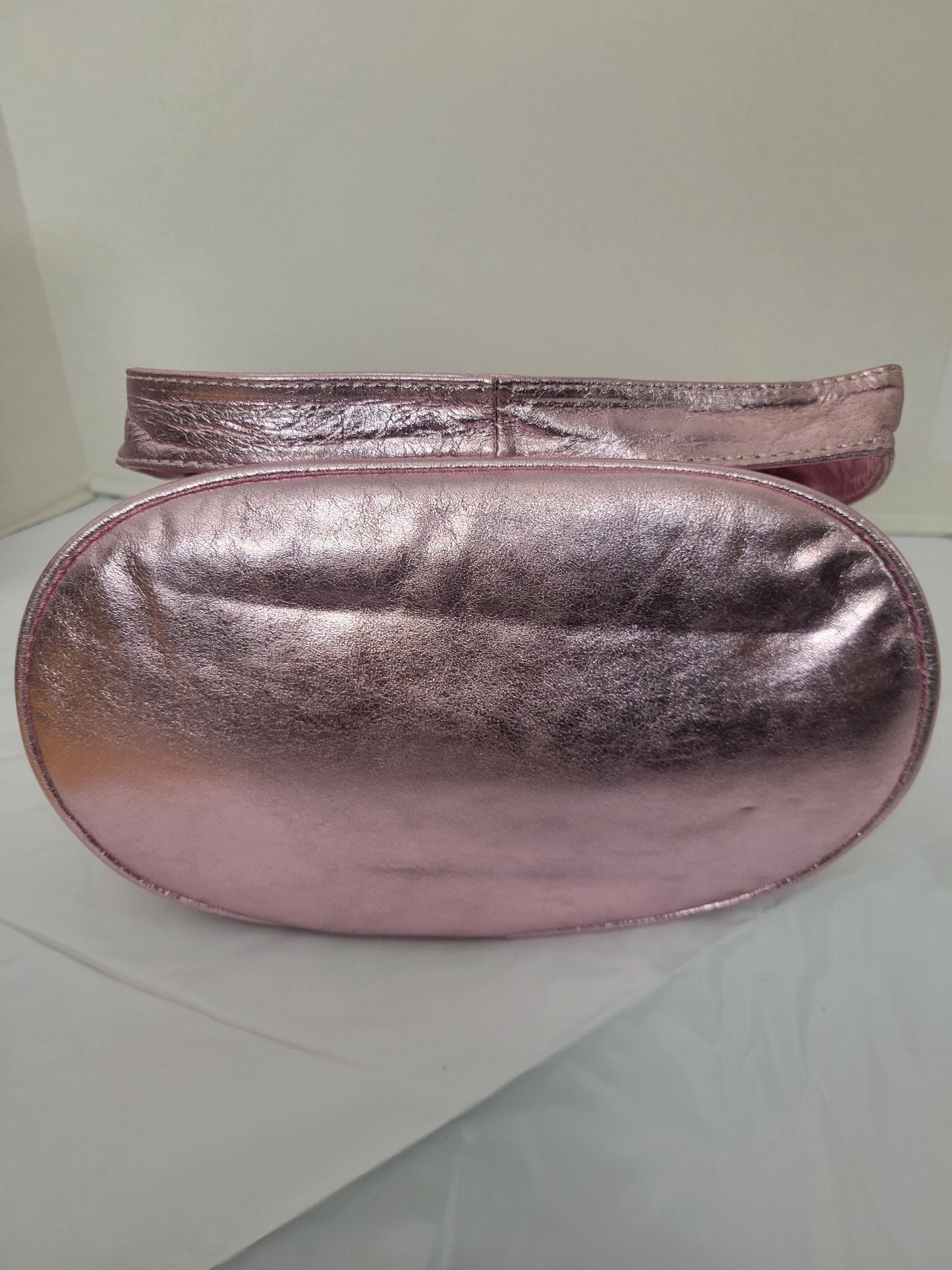 Tejrasila-Shining pink genuine leather, gold matel coin design Shoulder handbag! Three outside pockets.Made in USA!