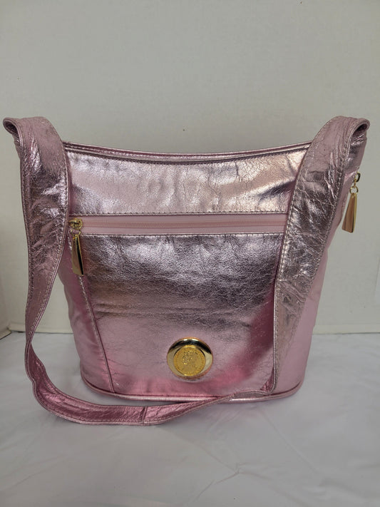 Tejrasila-Shining pink genuine leather, gold matel coin design Shoulder handbag! Three outside pockets.Made in USA!