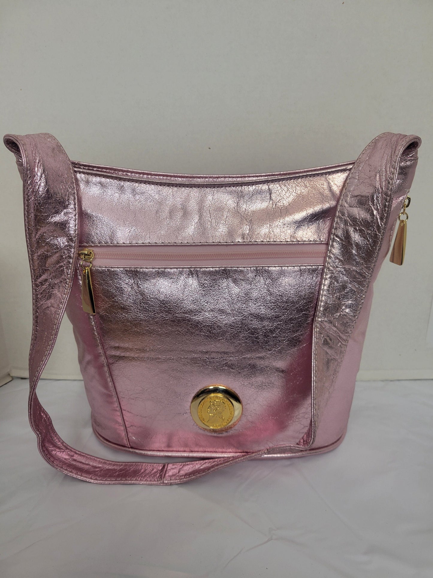Tejrasila-Shining pink genuine leather, gold matel coin design Shoulder handbag!Three outside pockets.Made in USA!TR8006pink-m/Coin