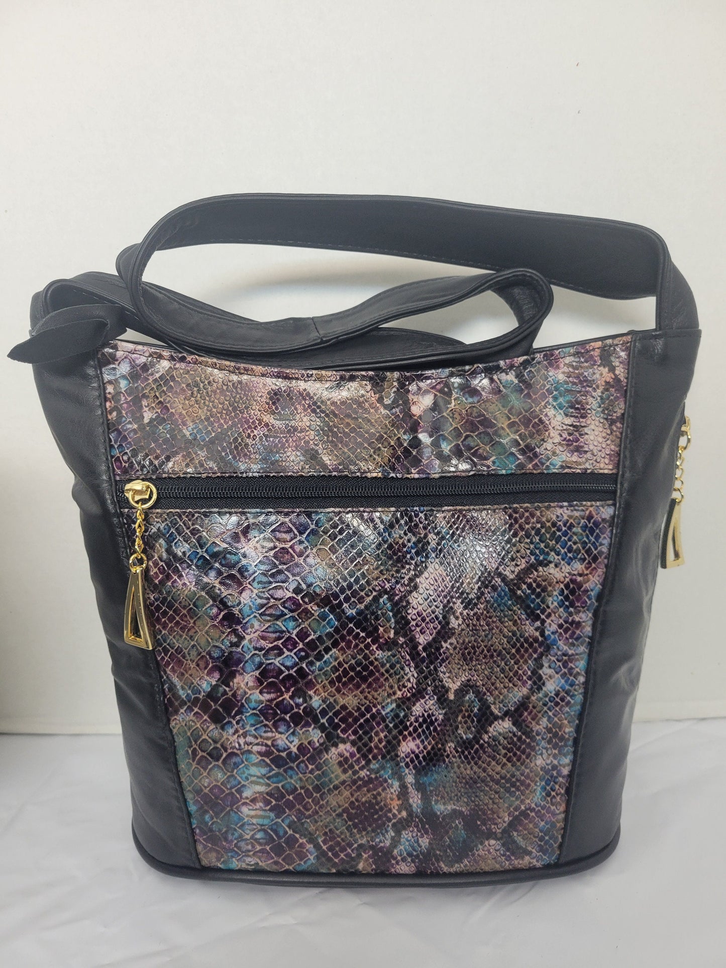 Black Leather Shoulder Bag: Purple Snake Print, USA Made