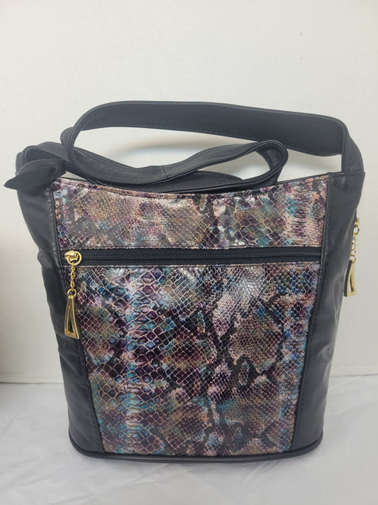 Black Leather Shoulder Bag: Purple Snake Print, USA Made