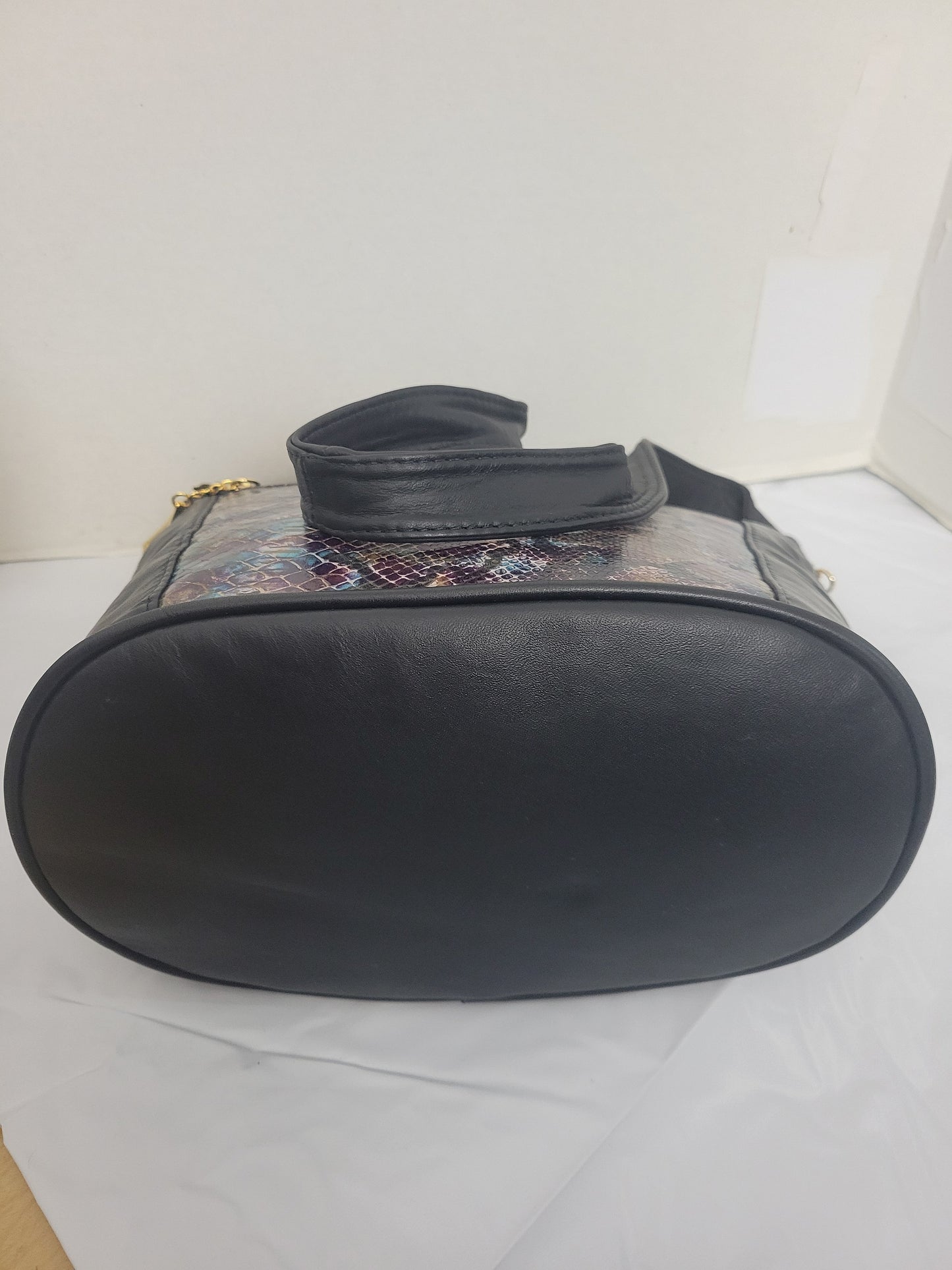 Black Leather Shoulder Bag: Purple Snake Print, USA Made