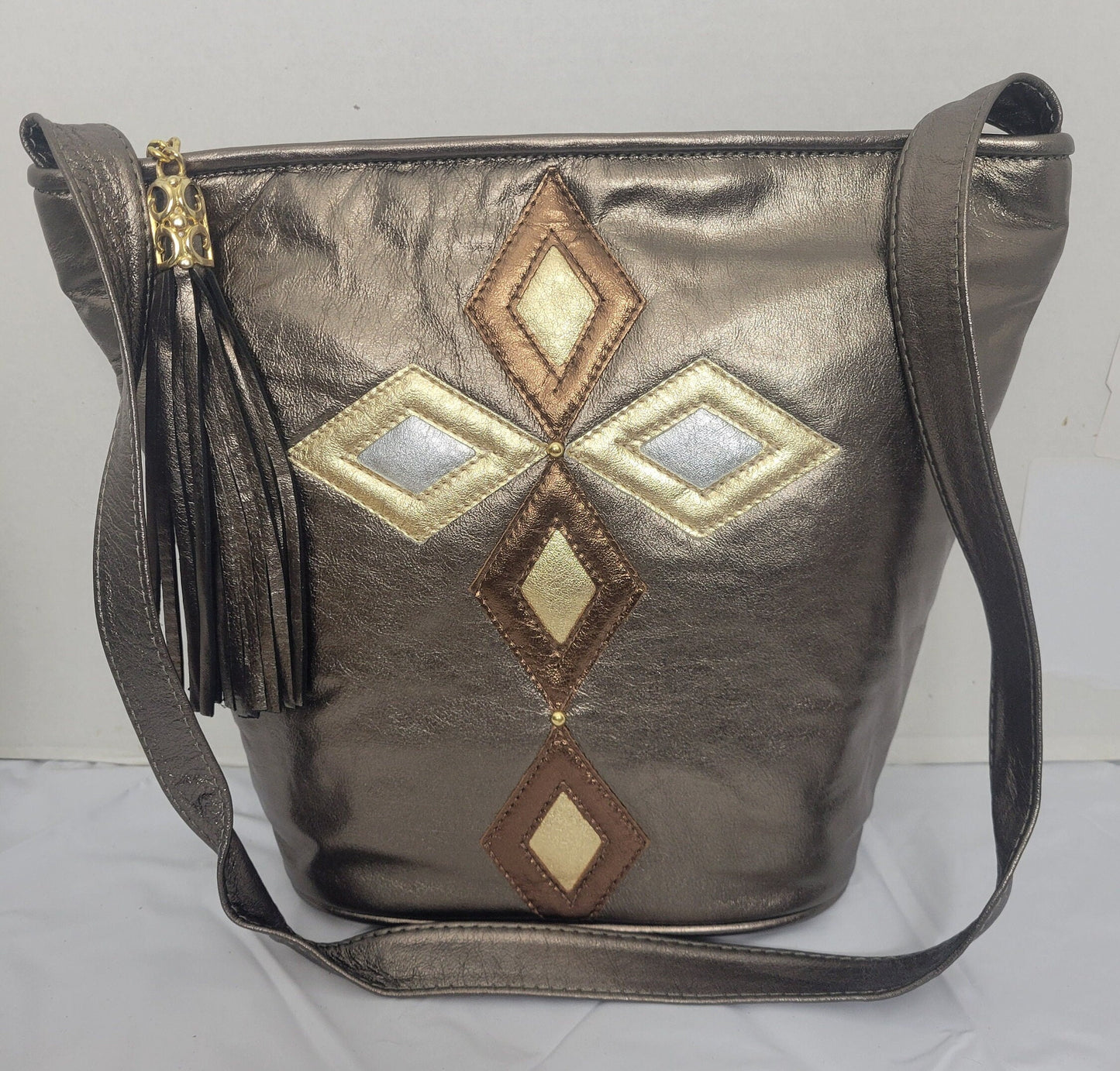 Pewter with Cross three tone design Leather Shoulder Handbag for women. Zigzag Design on front side only. Made In USA!