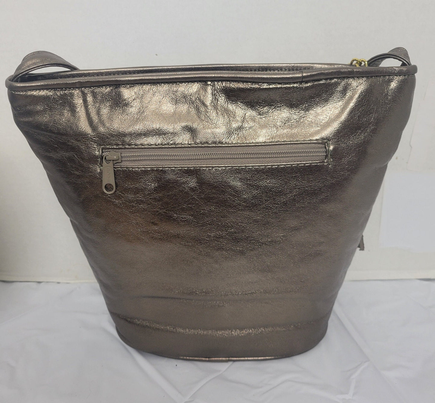 Pewter with Cross three tone design Leather Shoulder Handbag for women. Zigzag Design on front side only. Made In USA!