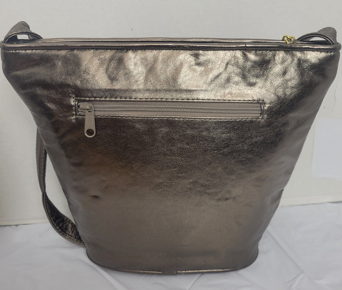 Pewter with pewter Zigzag design Leather Shoulder Handbag for women. Zigzag Design on front side only. Made In USA!