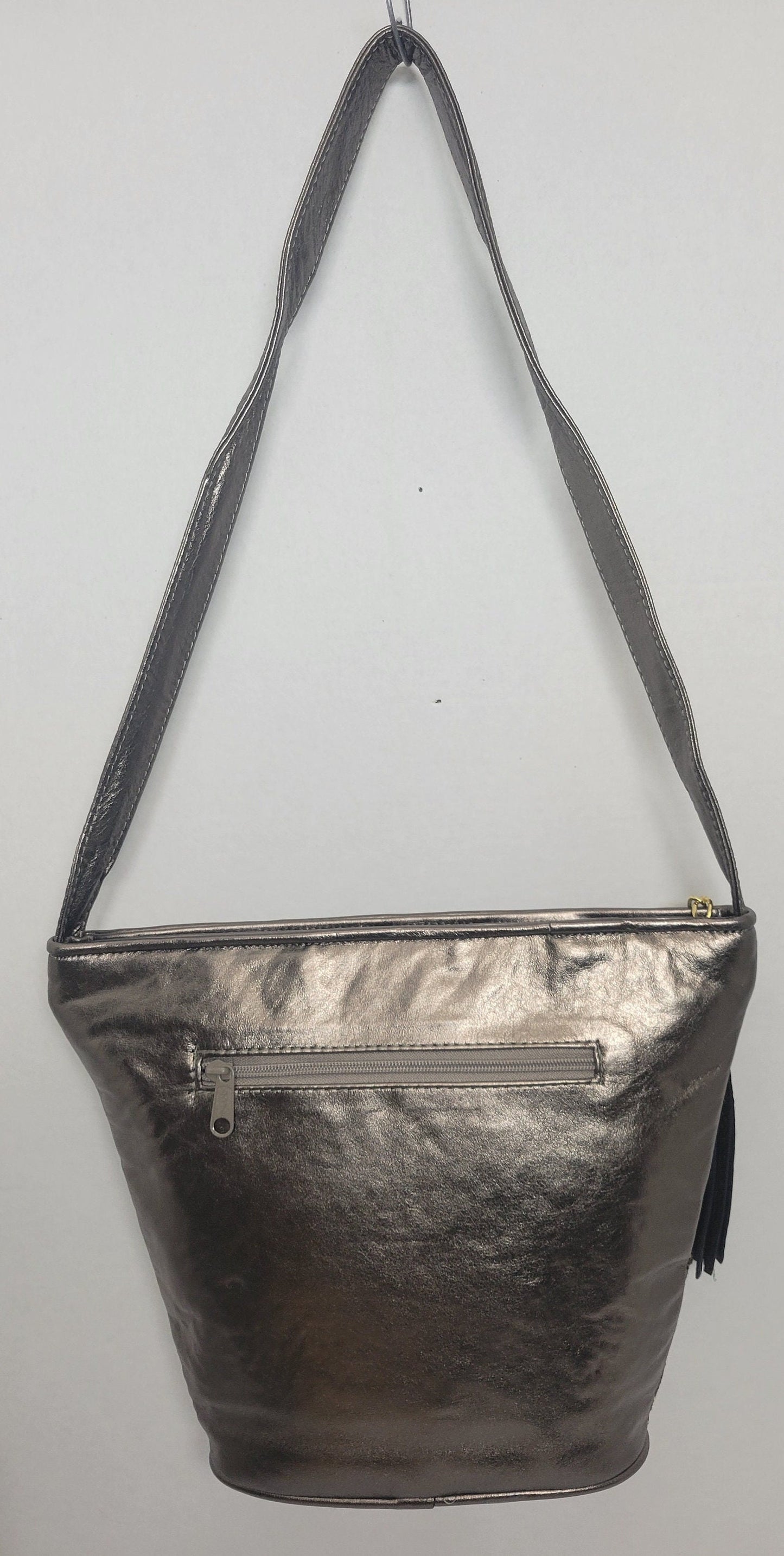 Pewter with pewter Zigzag design Leather Shoulder Handbag for women. Zigzag Design on front side only. Made In USA!