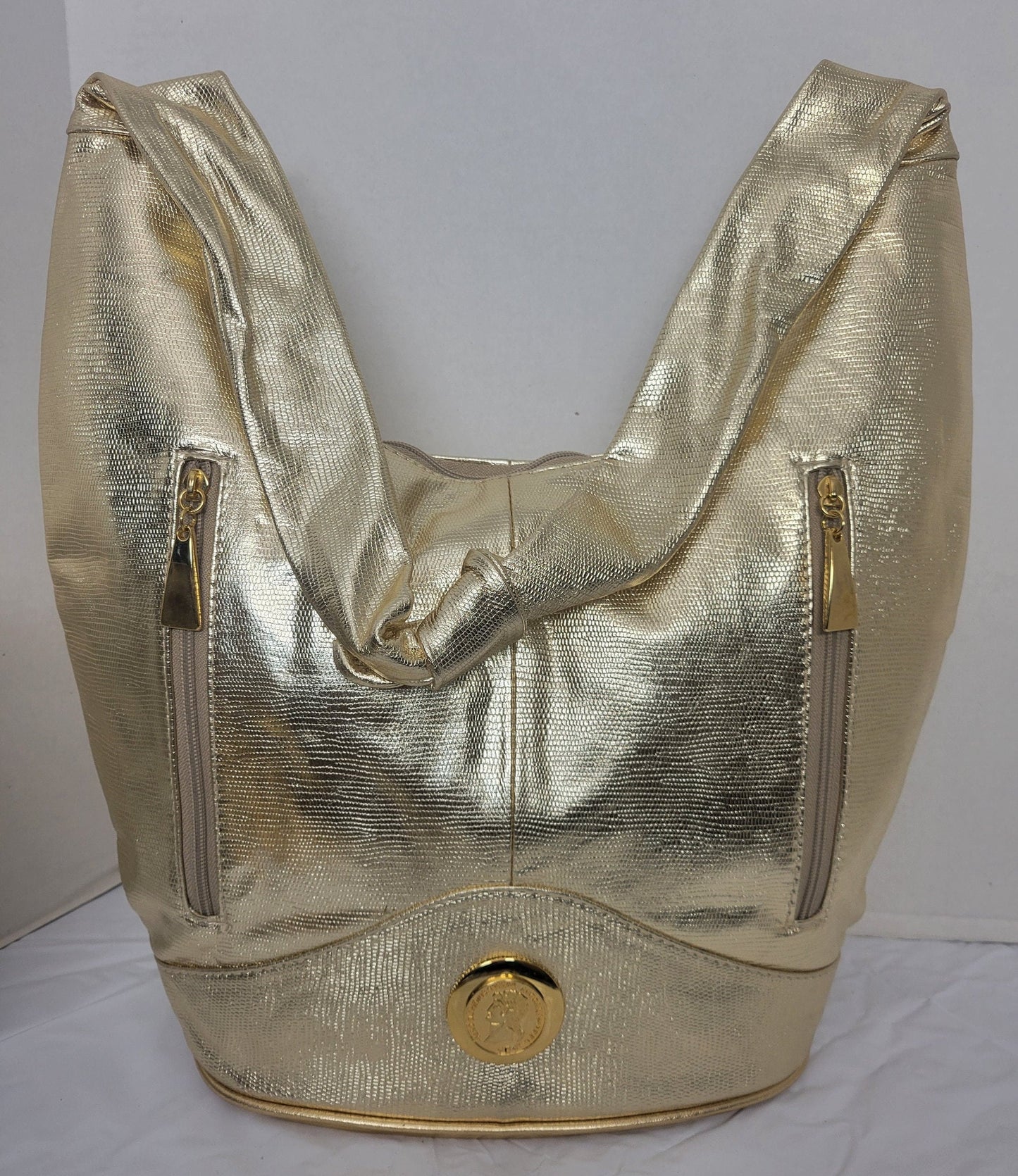 Tejrasila-Shining gold print with gold metal design Hobo genuine leather handbag!