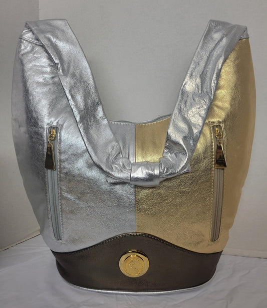 Tejrasila-Shining silver,gold,pewter with gold metal design Hobo genuine leather handbag!