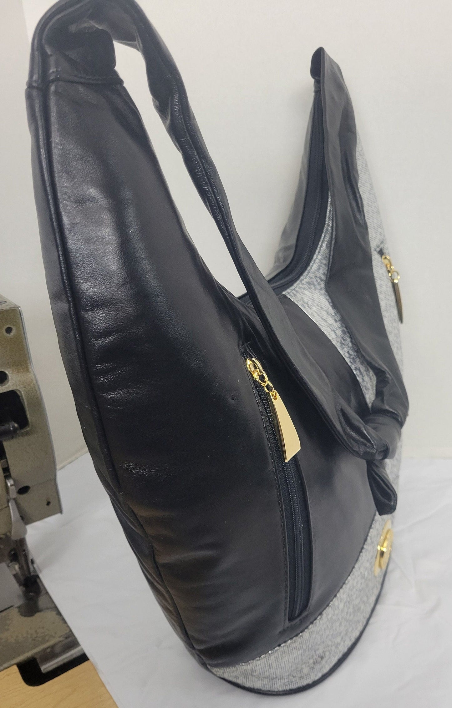 Tejrasila-Black with Shining silver print with gold metal design Hobo genuine leather handbag!