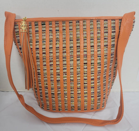 Orange with Multi Fabrice Zigzag Design Leather Shoulder Handbag for women. Stripe Zigzag Design on front side only. Made In USA!