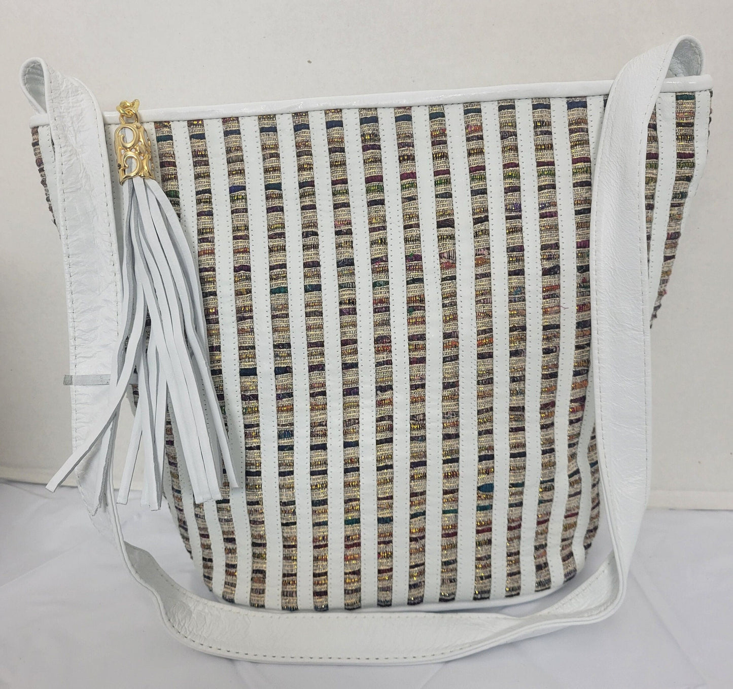 White with Multi Fabrice Zigzag Design Leather Shoulder Handbag for women. Stripe Zigzag Design on front side only. Made In USA!