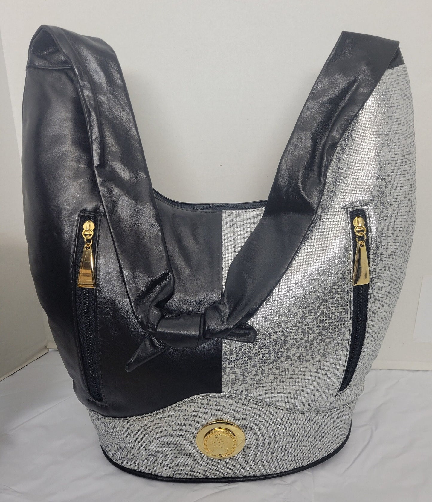 Tejrasila-Black with Shining silver print with gold metal design Hobo genuine leather handbag!