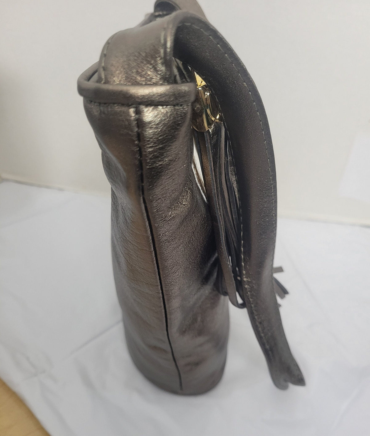 Pewter with Diamond Shape three tone design Leather Shoulder Handbag for women. Zigzag Design on front side only. Made In USA!