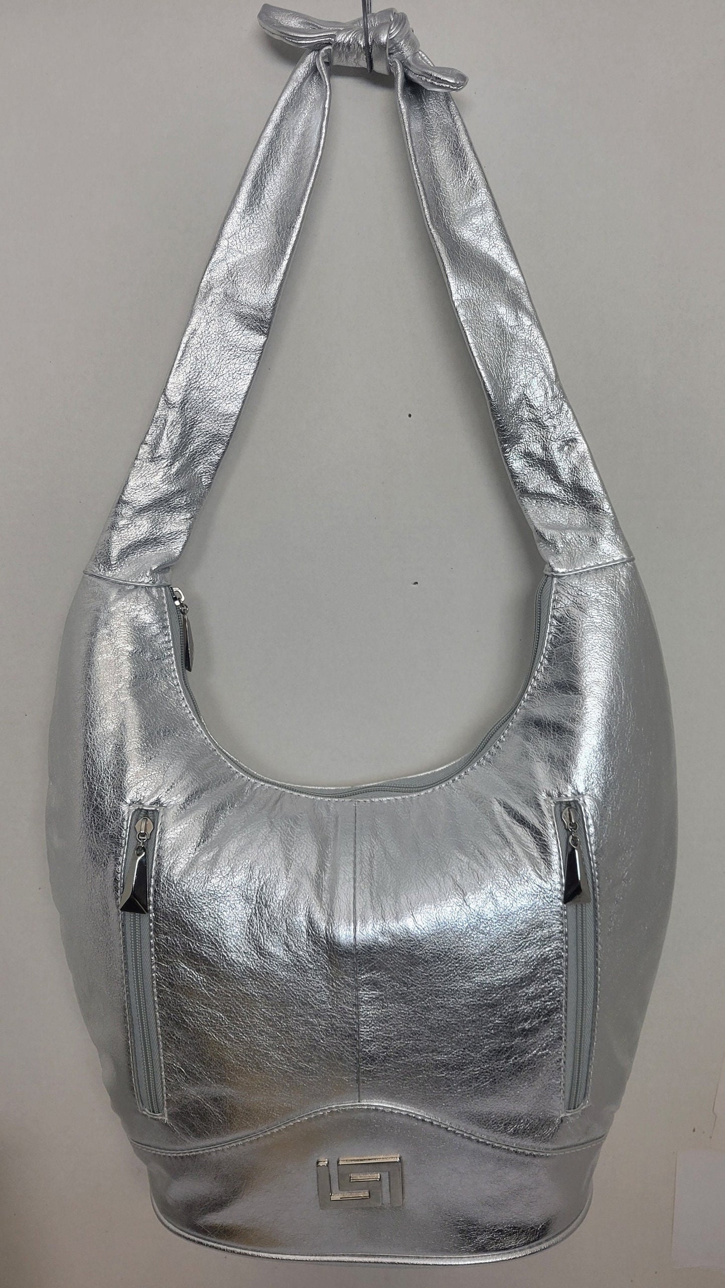 Tejrasila-Shining silver with silver metal G design Hobo genuine leather handbag!