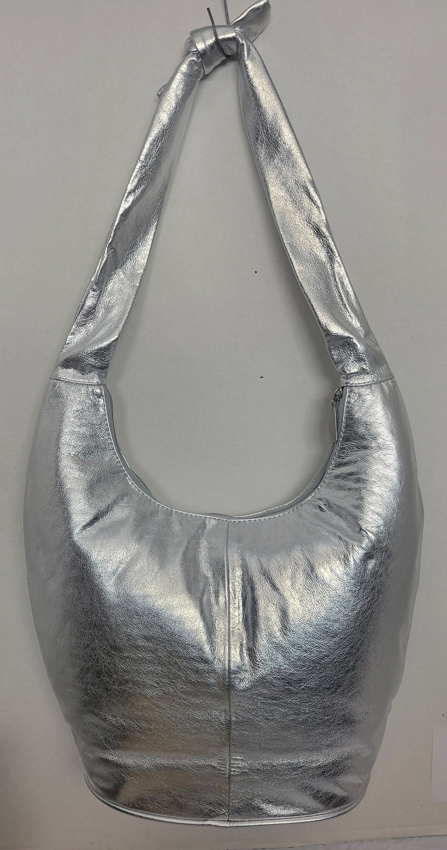 Tejrasila-Shining silver with silver metal G design Hobo genuine leather handbag!