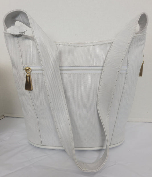 Tejrasila-Beautiful White print genuine leather handbag! Three outside pockets.Made in USA!