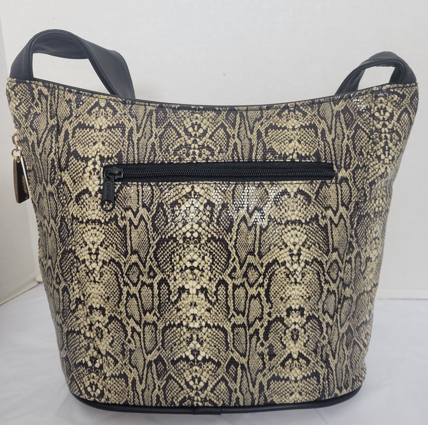 Tejrasila-Black with brown mix snake print fabric with genuine leather Shoulder handbag! Three outside pockets.Made in USA!