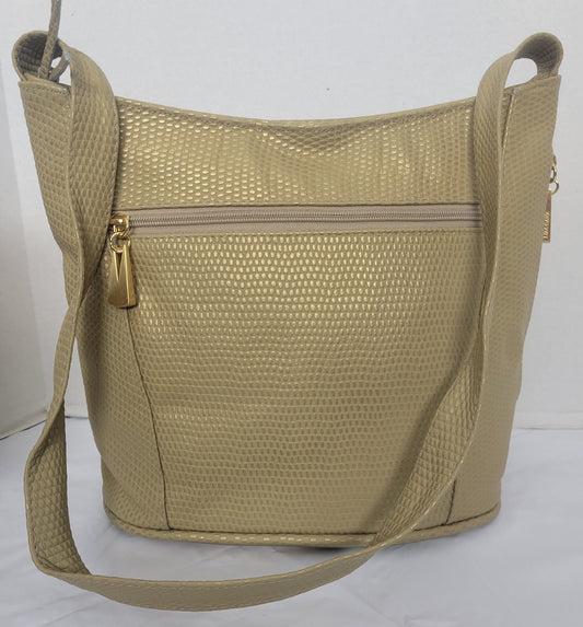 Tejrasila- Champagne print women's Shoulder handbag! Three outside pockets.Made with genuine leather in USA!