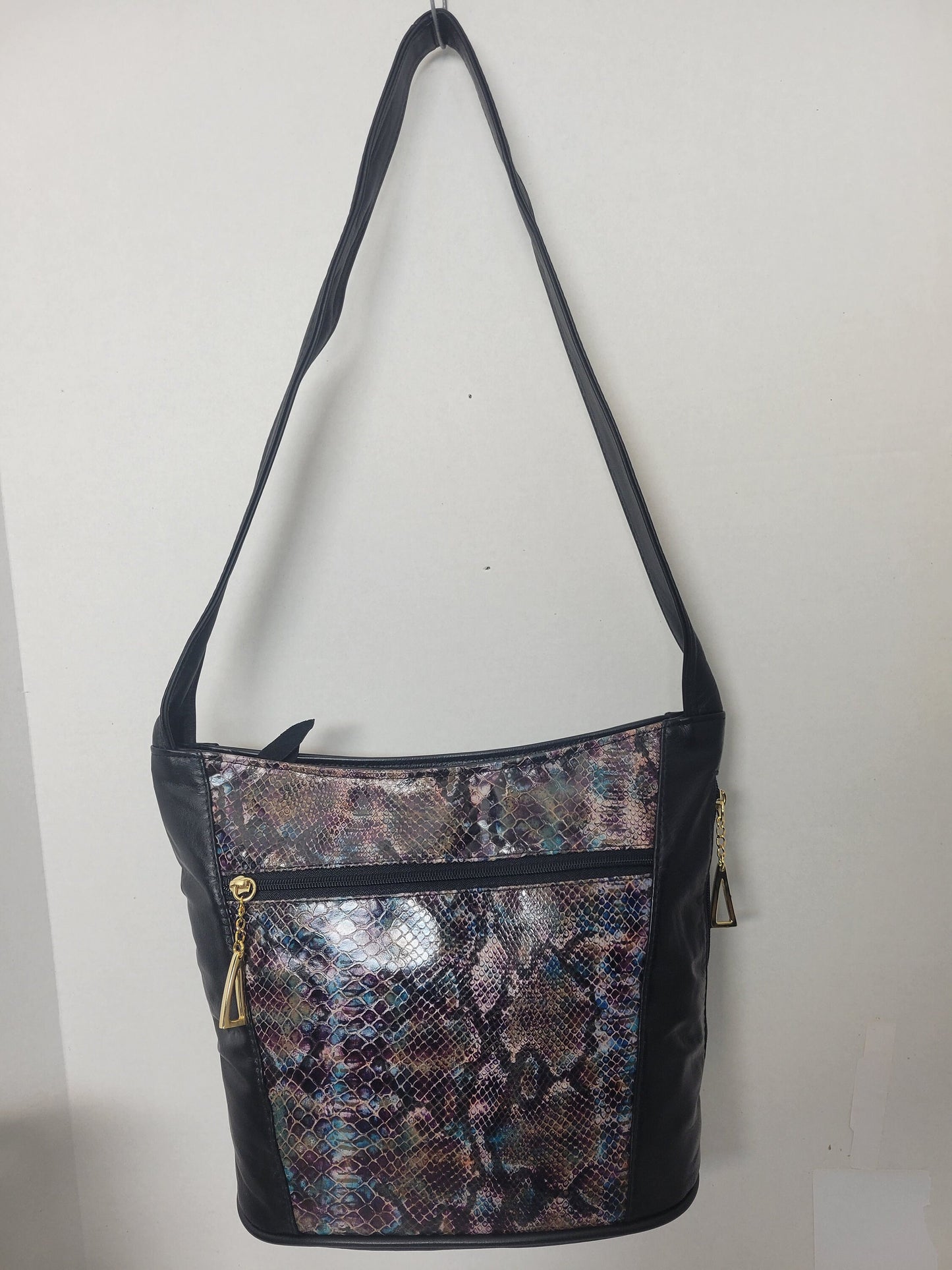 Black Leather Shoulder Bag: Purple Snake Print, USA Made