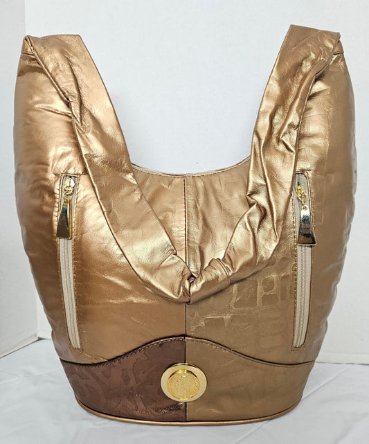 Large Leather Hobo Handbag: Gold Print Bronx Leather, Made in USA