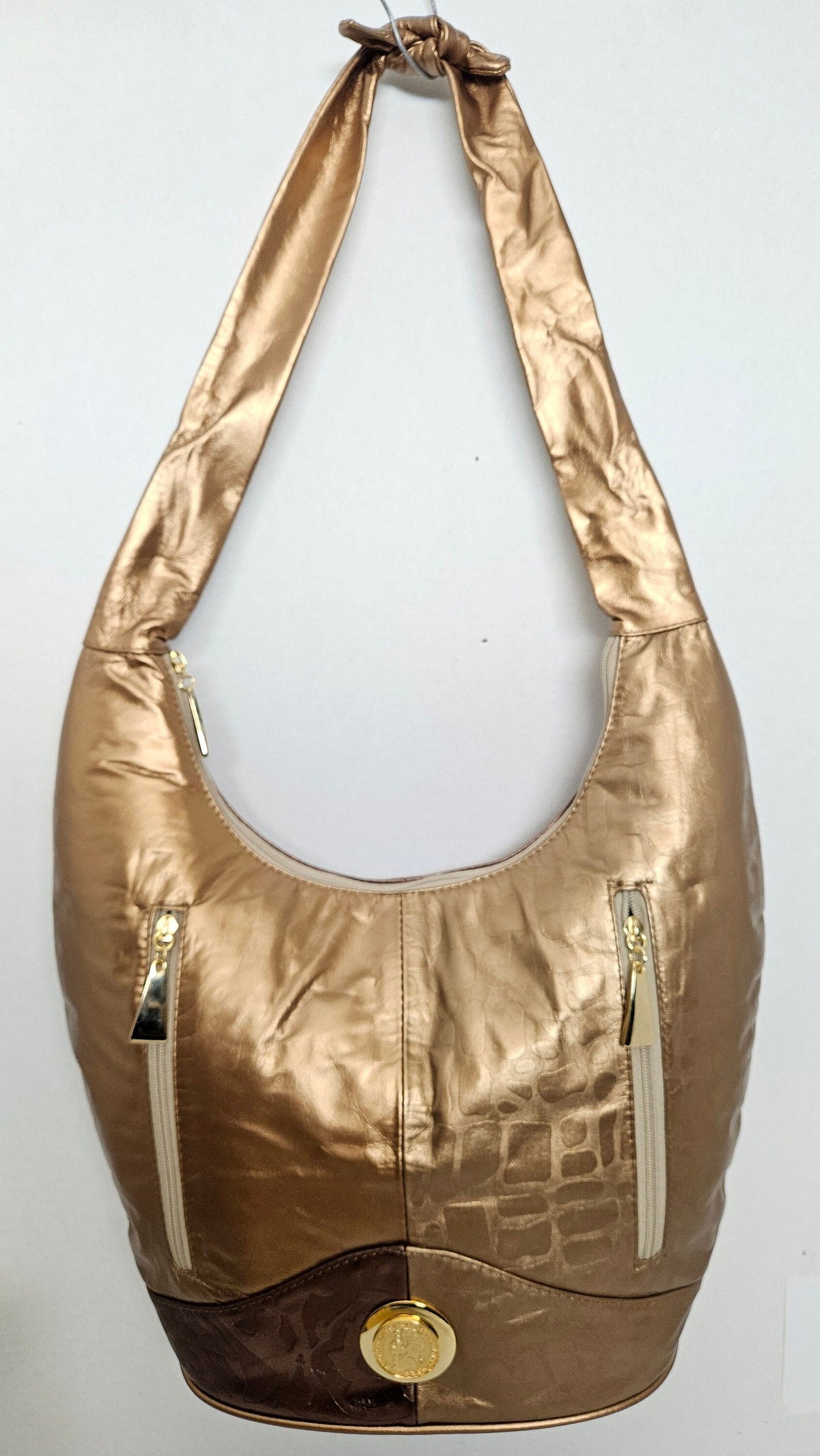Large Leather Hobo Handbag: Gold Print Bronx Leather, Made in USA