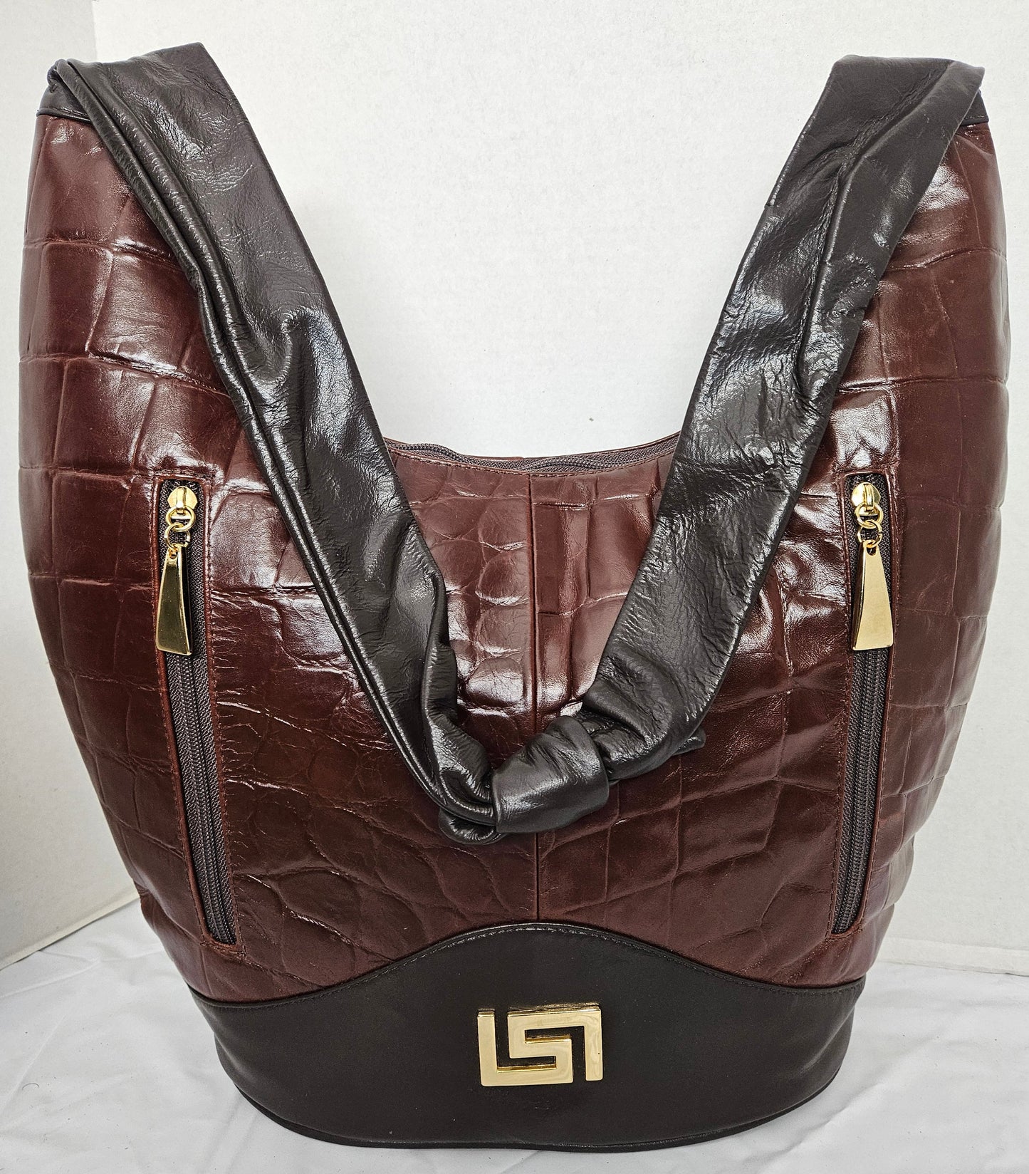 Tejrasila-Brown with brown print leather on Gold metal G design Hobo genuine leather handbag!