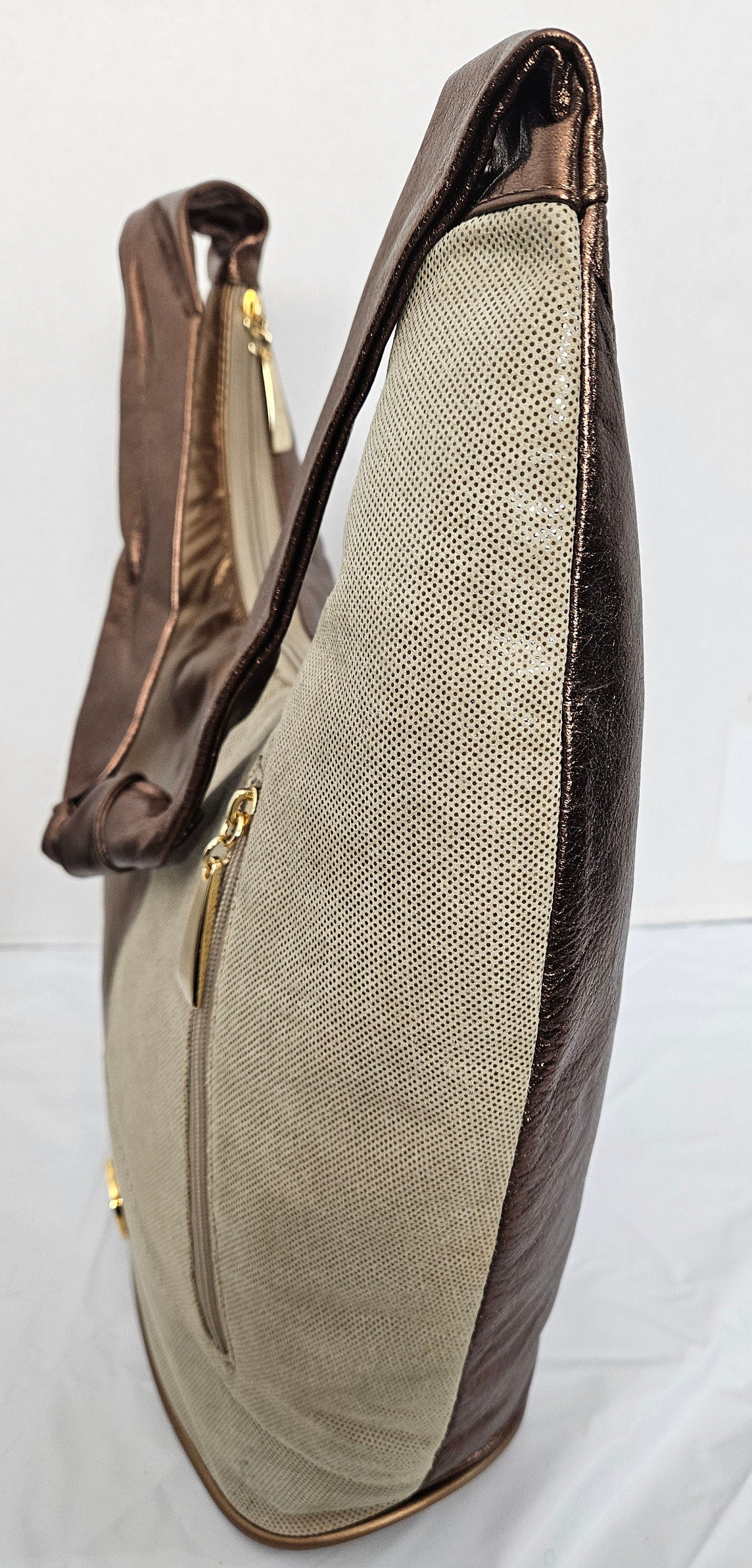 Three tone gold mate/champion print with shining Bronze genuine leather Hobo Handbag! Made in USA!