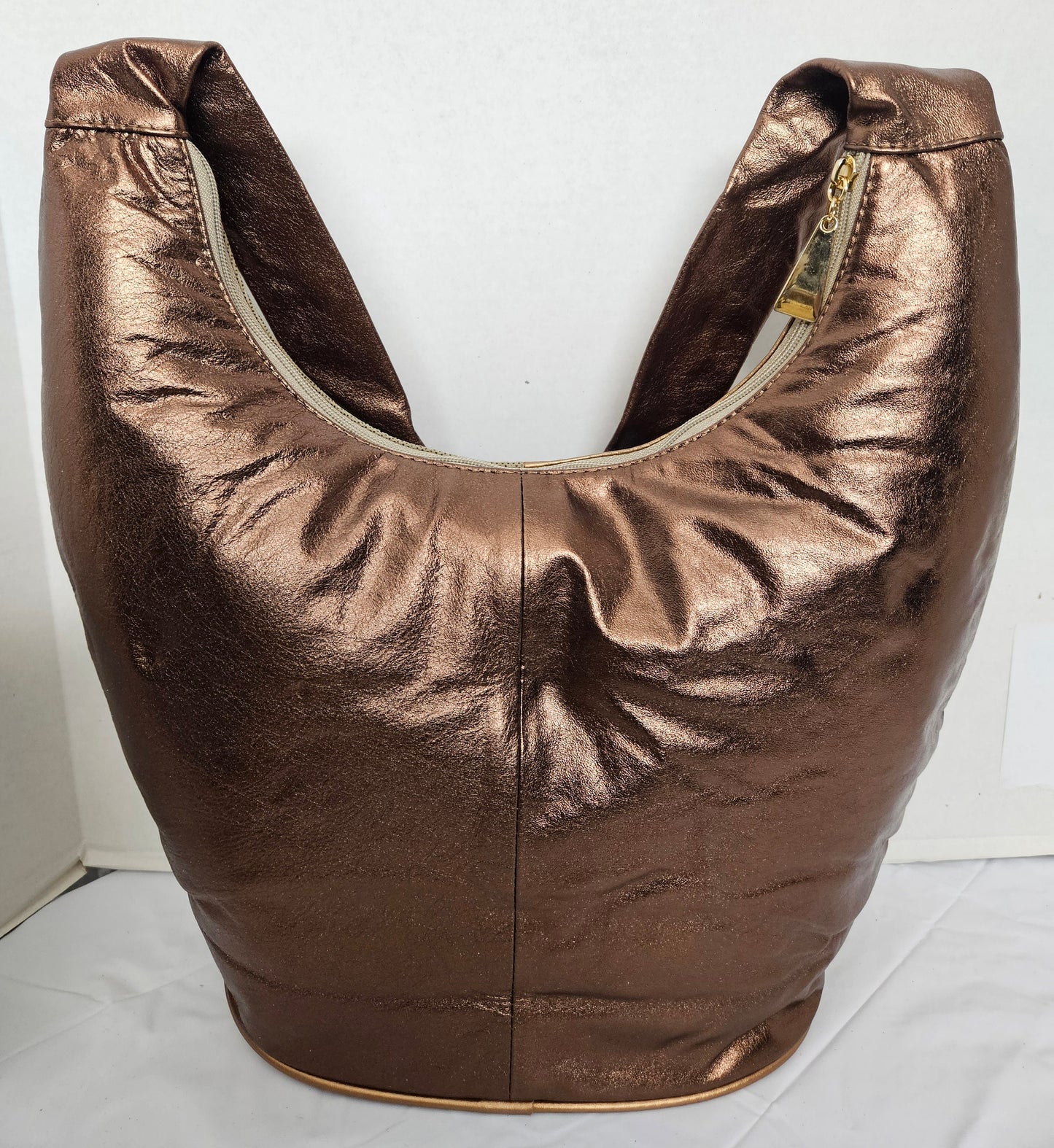 Three tone gold mate/champion print with shining Bronze genuine leather Hobo Handbag! Made in USA!