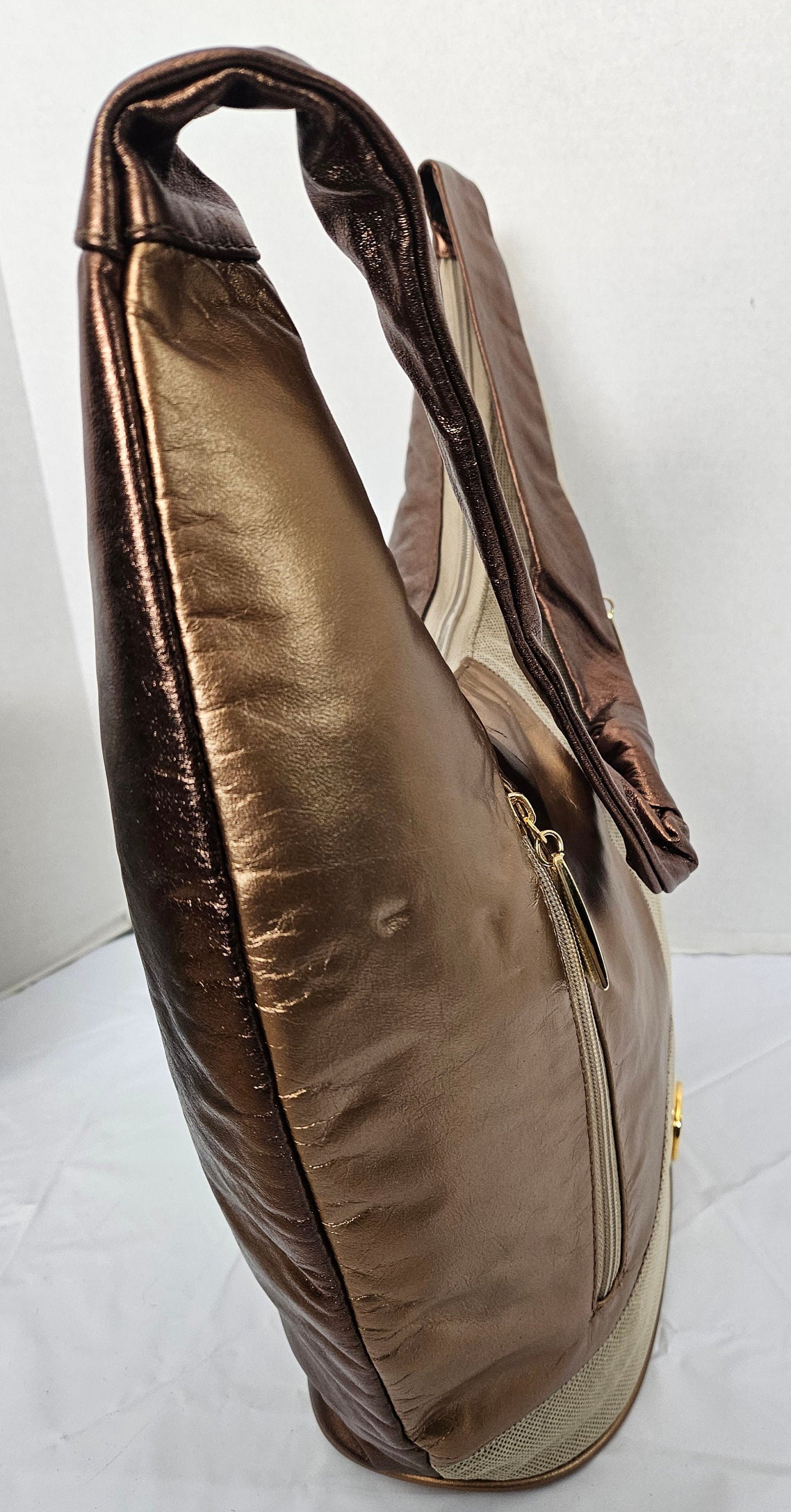 Three tone gold mate/champion print with shining Bronze genuine leather Hobo Handbag! Made in USA!