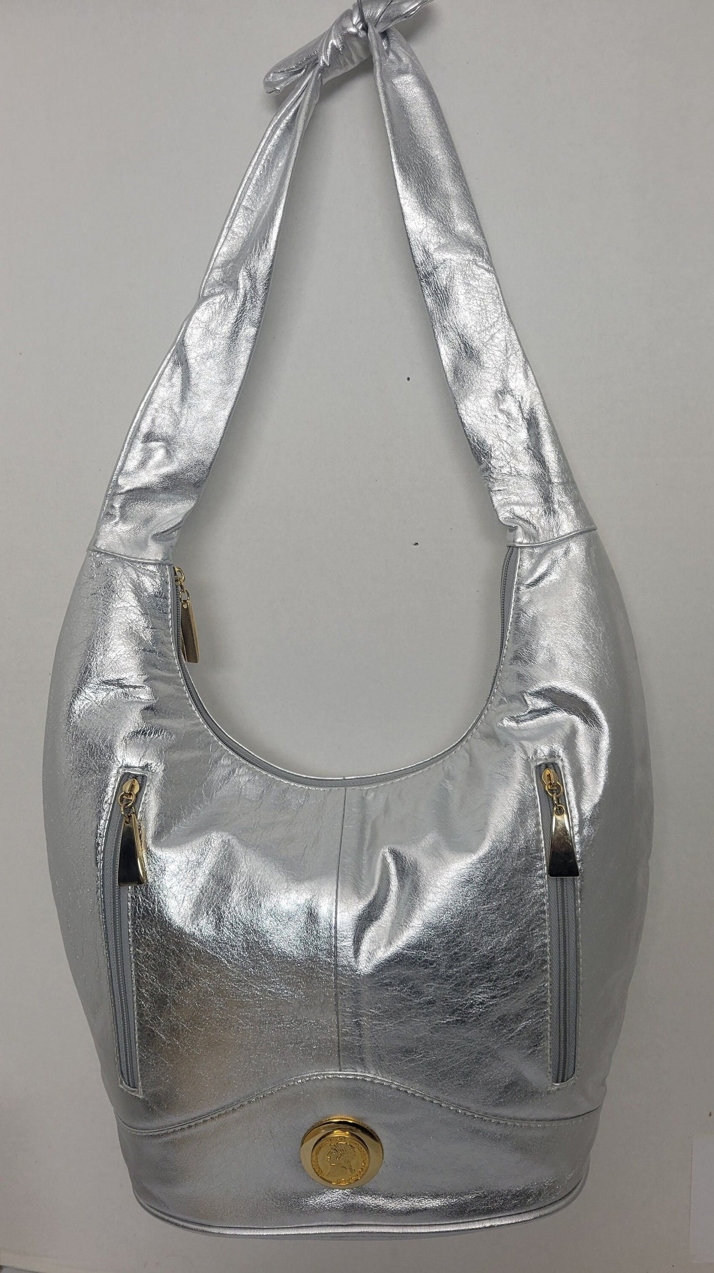 Tejrasila-Shining Silver with gold metal design Hobo genuine leather handbag!