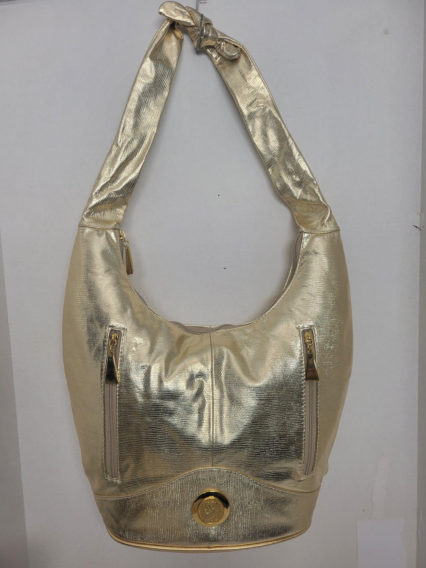 Tejrasila-Shining gold print with gold metal design Hobo genuine leather handbag!