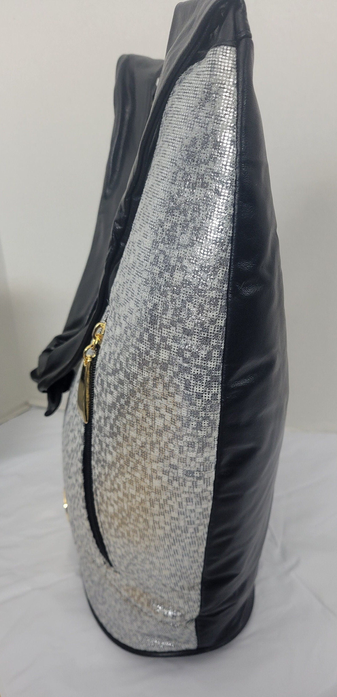 Tejrasila-Black with Shining silver print with gold metal design Hobo genuine leather handbag!