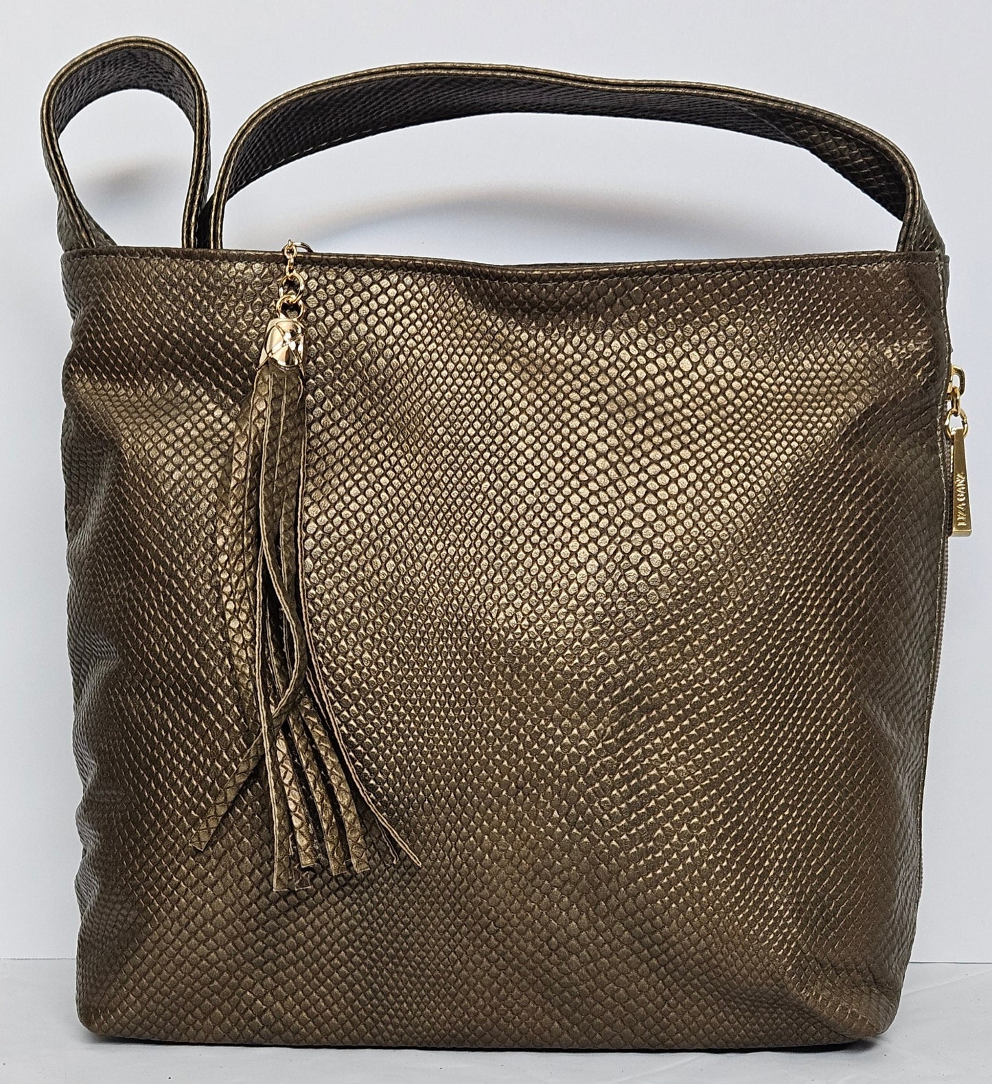 Tejrasila-Gorgeous Pewter snake print leather handbag!Good to carry everyday. Side pocket.Made in USA!