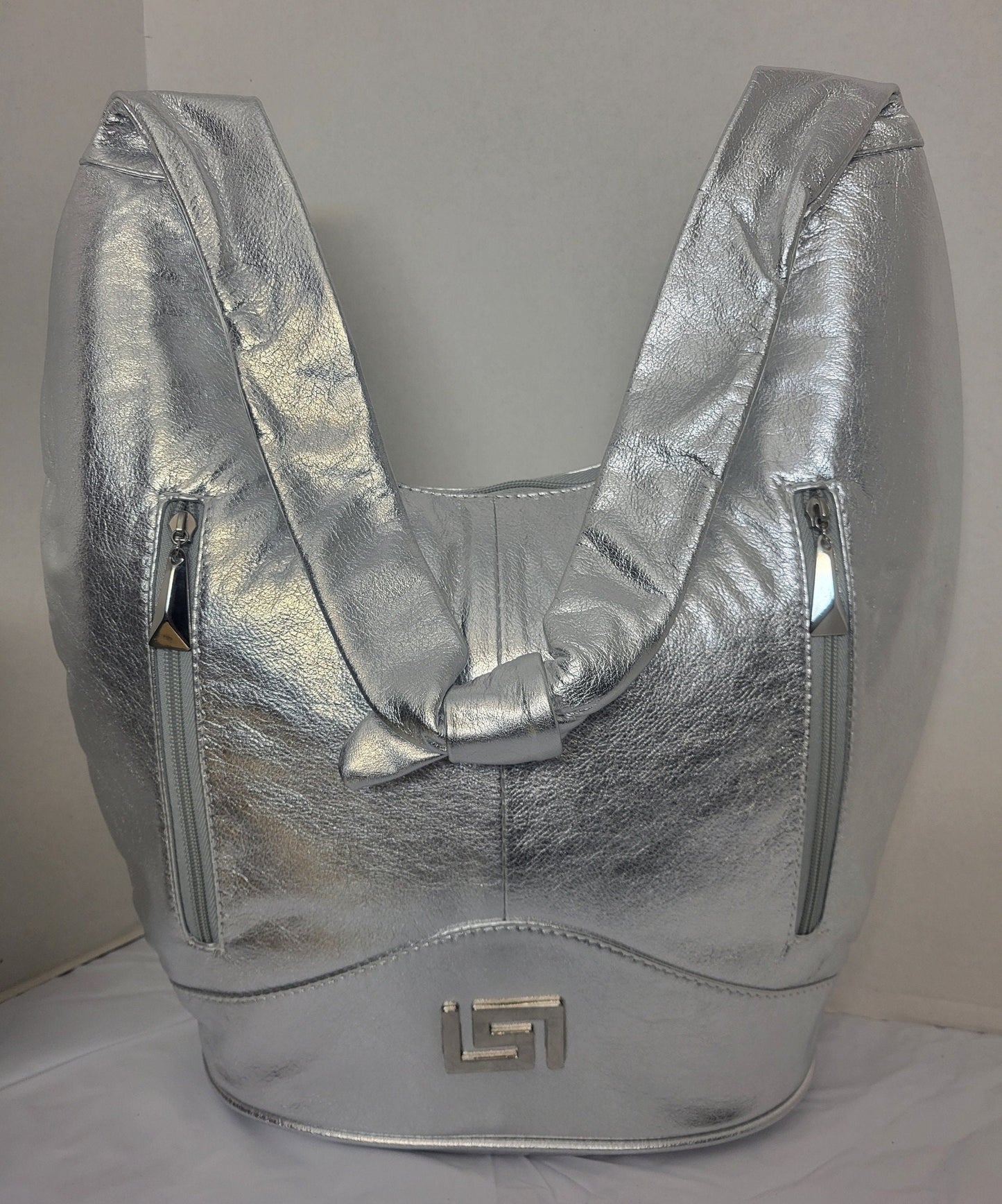 Tejrasila-Shining silver with silver metal G design Hobo genuine leather handbag!