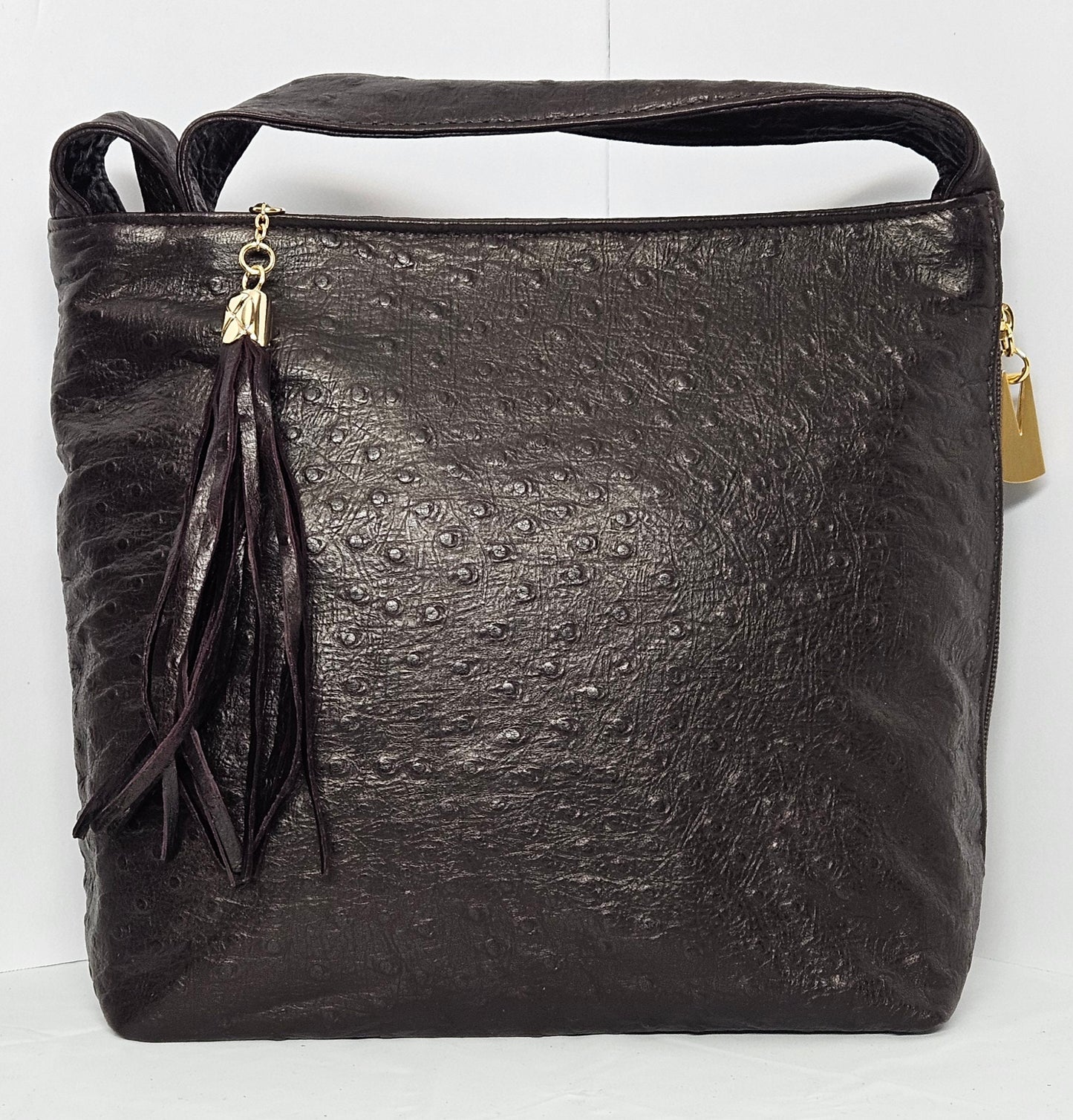 Tejrasila-Gorgeous Ostrich Chocolate   brown leather handbag!Side pocket.Made in USA!