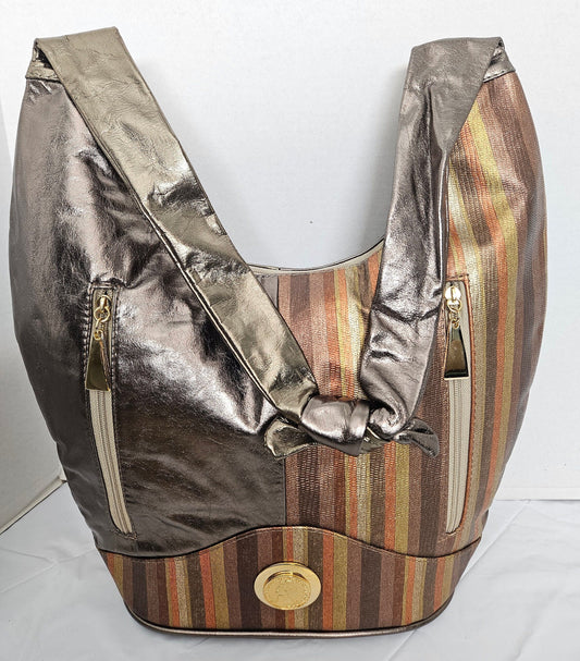 Shining Pewter with multi print leather Hobo Handbag! Made in USA!